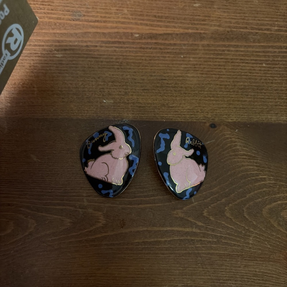 Vintage Blue Pink Gold Enamel Bunny Rabbit Earrings